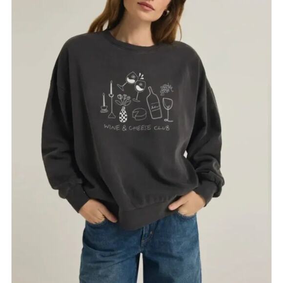 Z Supply Wine & Cheese Club Graphic Sweatshirt Black Medium - Picture 1 of 6